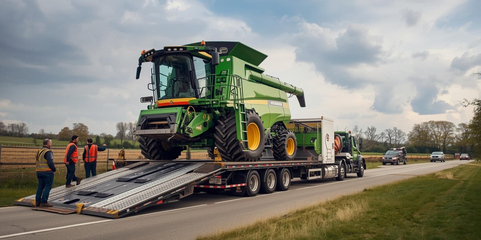 Pomoc drogowa w Bochni podczas załadunku kombajnu na lawetę niskopodwoziową przeznaczoną do transportu maszyn rolniczych