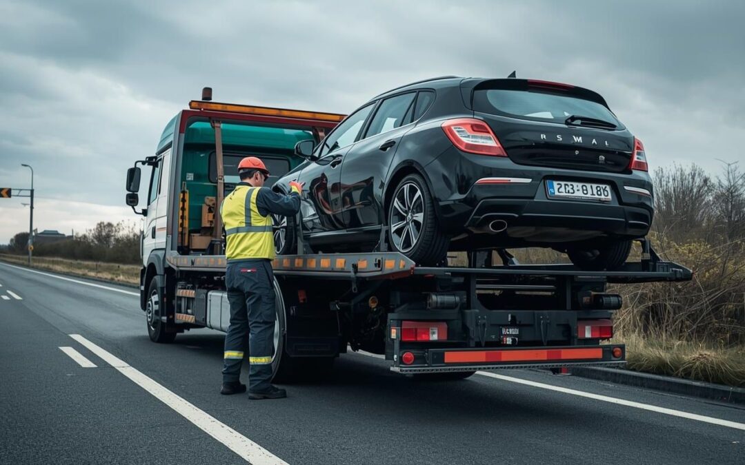 Laweta transportująca uszkodzony samochód na autostradzie – profesjonalna pomoc drogowa i szybka współpraca z lawetami