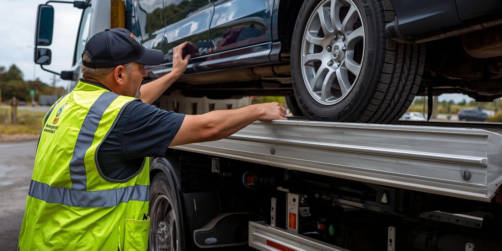 Załadunek samochodu na lawetę przy użyciu hydraulicznej platformy – bezpieczne holowanie auta przez pomoc drogową
