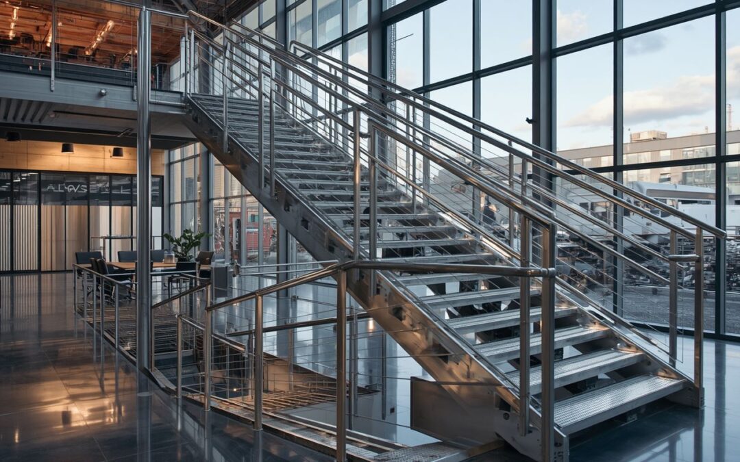 Balustrady aluminiowe w budynku biurowym na terenie placu złomu