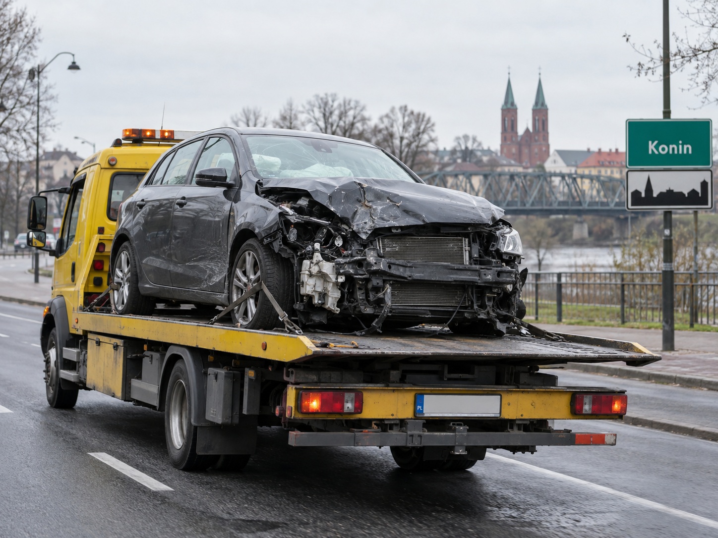 Rozbity samochód w Koninie przygotowany do transportu na złomowanie