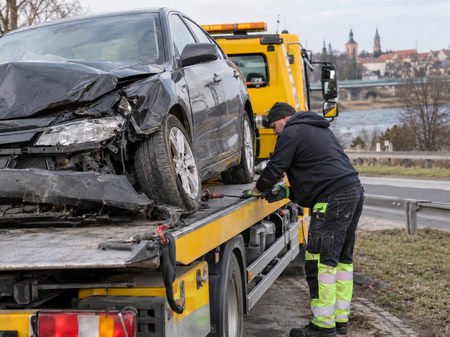 Załadunek uszkodzonego auta na lawetę po kolizji